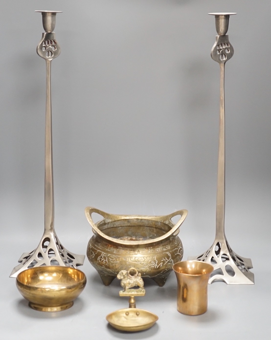 A bronze censer, a pair of secessionist style candle sticks and three other items, bronze censer 20 cms wide